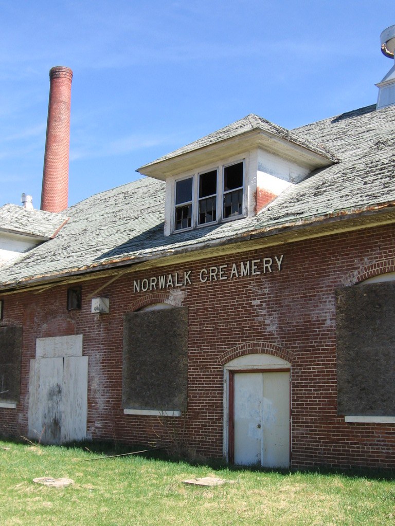 Closer exterior view of the Norwalk Creamery facade