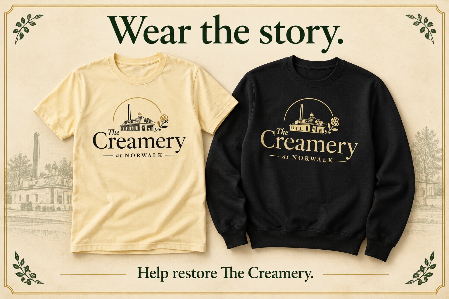 Creamery T-shirt and black crewneck sweatshirt with the message: Wear the story. Help restore The Creamery.