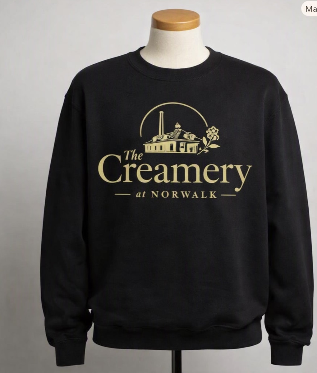 Black Creamery at Norwalk crewneck sweatshirt with gold building and lettering