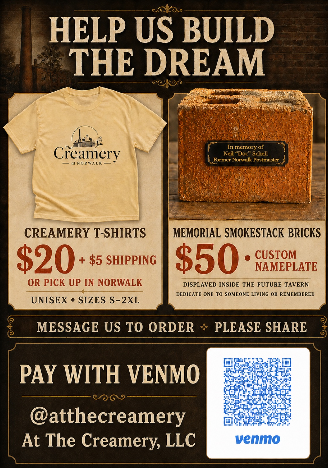 Creamery T-shirts and memorial smokestack bricks with prices and Venmo information
